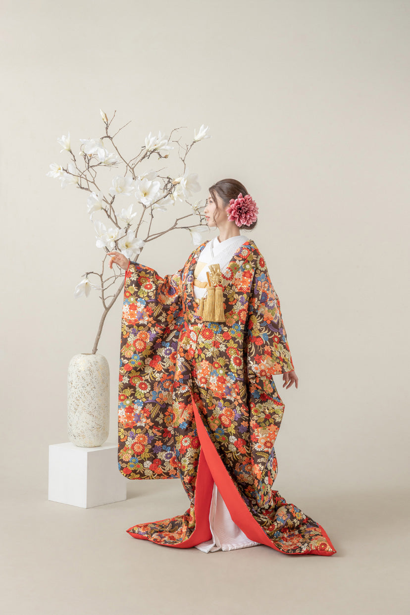 付け下げ　円弧　唐花　菊　唐草　鹿の子　ダークトーン　着物　022k 付け下げ 円弧 唐花 菊 唐草 鹿の子 ダークトーン 着物 022k 付け下げ