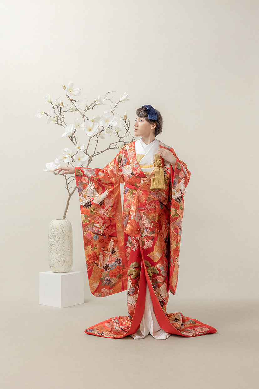 【値下げしました】色打掛　鶴 色打掛・祝い花に鶴｜白無垢・色打掛レンタルなら結婚式着物専門