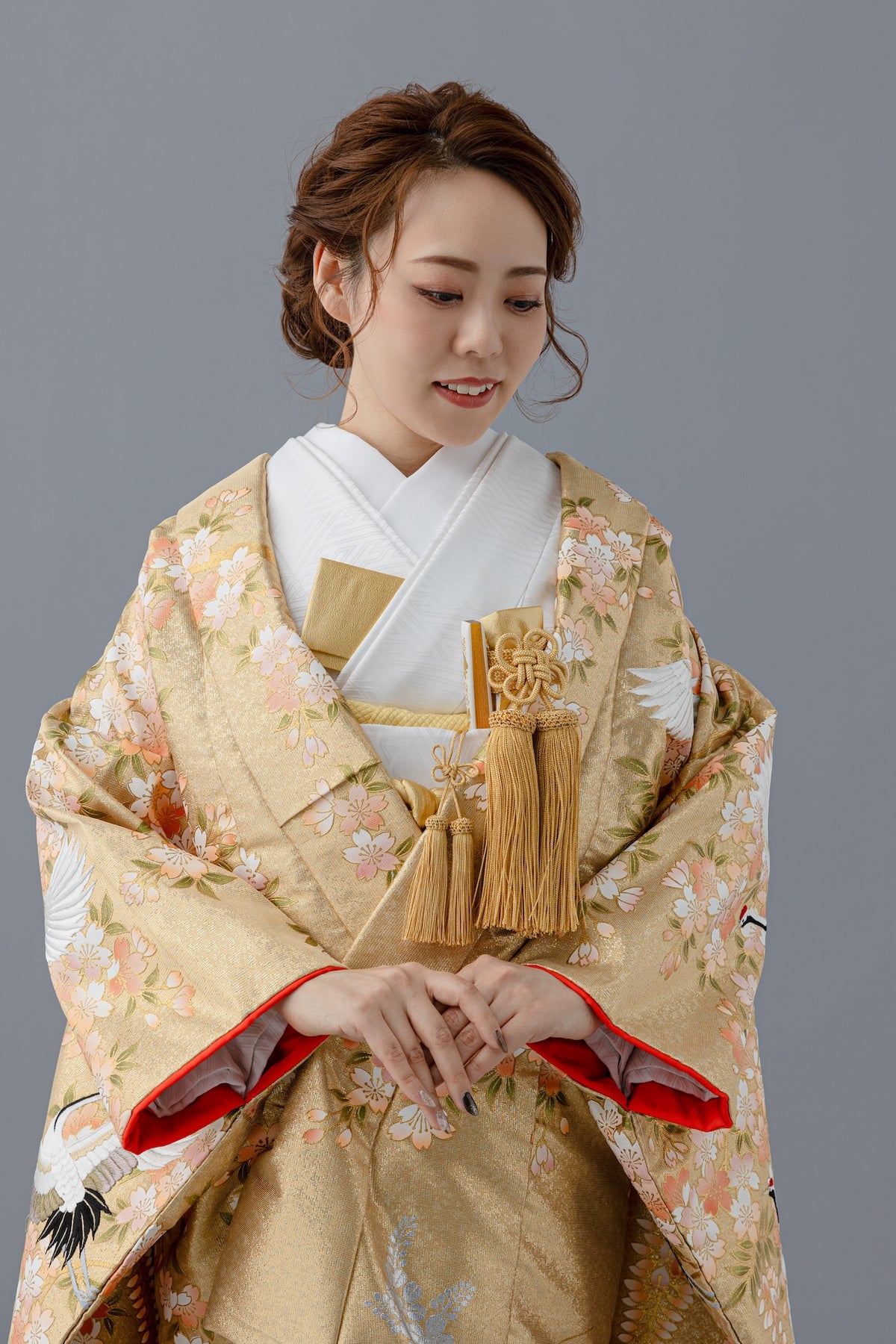 訪問着　桜色　ゴールド　シルバー　鶴　刺繍　A503 訪問着［鶴と金彩と刺繍］｜着物レンタルあき (来店着付け無料・全国